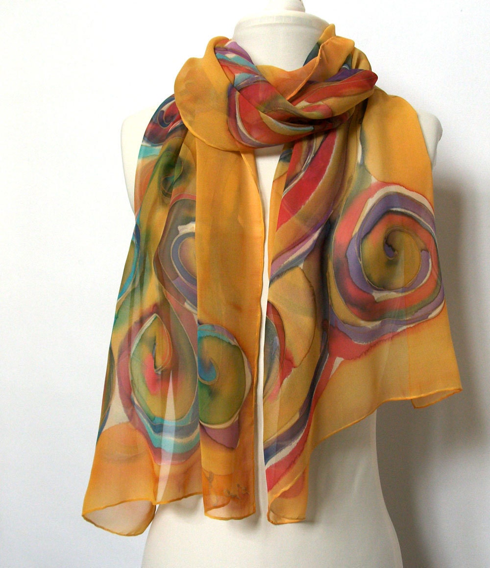 Hand Paintend Elegant Luxurious Abstract Multicolor Vibrant Long Silk Georgette Scarf Fashion Accessorie