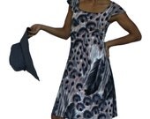 Sundress in Pastel Pink, Navy, and Champagne Feather Print,  Flight of Fancy Dress