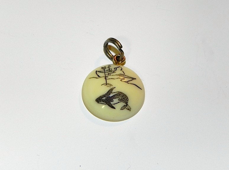 Scrimshaw Hand Carved Vintage 30s Asian Fishing Boat Killer Whale Ivory Travel Charm -on sale-