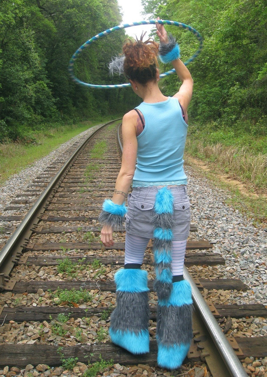 Cheshire Cat Costume 4 Piece SET // Aqua blue & Grey Ears - Tail - Cuffs - Leg Warmers fluffies furry costume dance halloween adult unisex