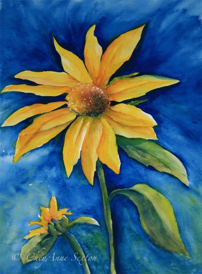 Sunflower on Blue, flower art - Fine Art Original watercolor - Home Decor