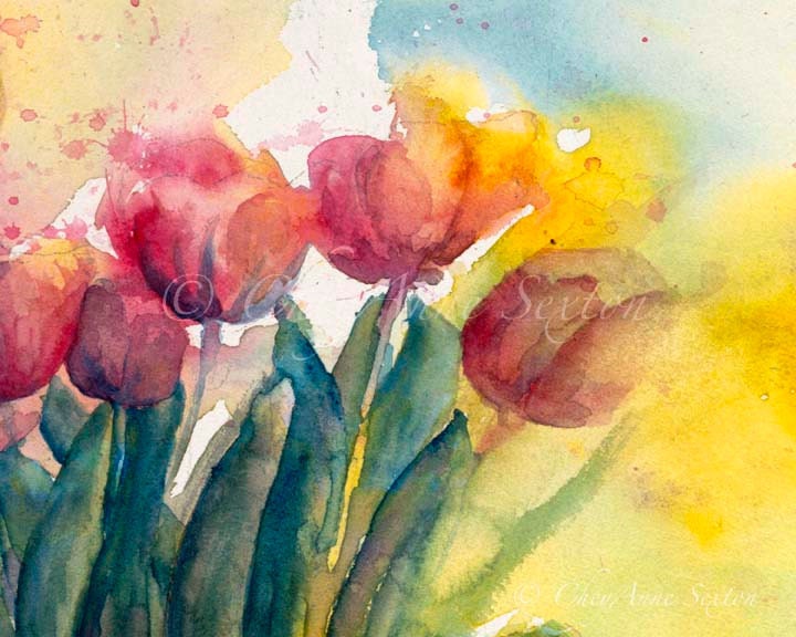 flower art - dark and moody lipstick red tulips photographic print of watercolor painting 8x10