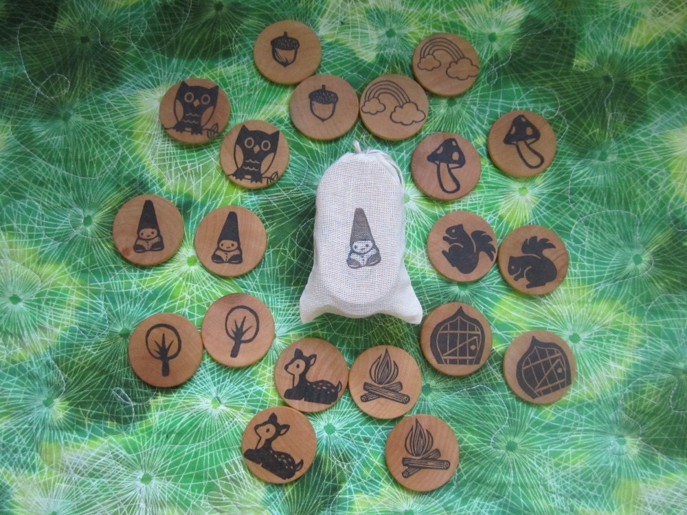 Gnome in the woods memory game, 10 pairs of handmade images handstamped on wooden discs