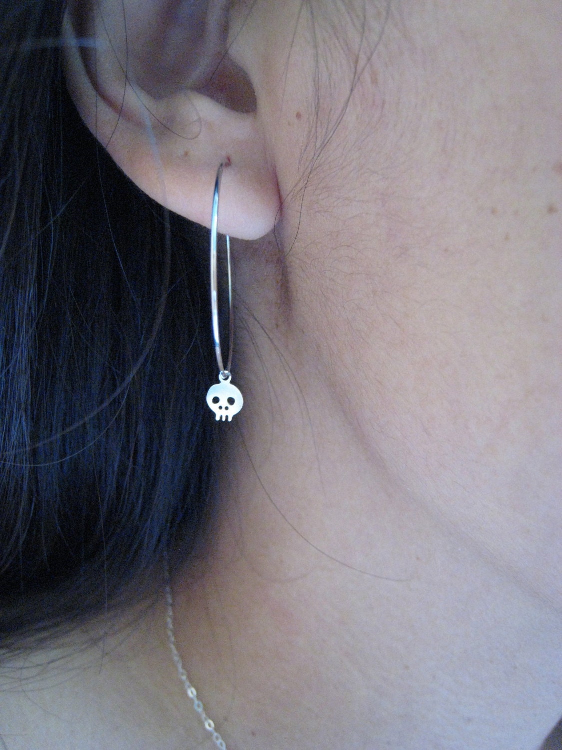 Teeny Tiny mini SILVER Skull charms on silver hoop earrings so dainty and cute