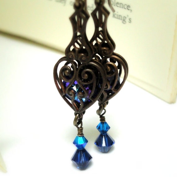 Victorian Earrings Sapphire Blue Crystal Earrings Dangle Earrings Victorian Jewelry Nickel Free Royal Blue Earrings