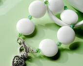 White Jade Puffed Coin Stone With Green Swarovski Silver Beaded Bracelet/ Prom Jewelry