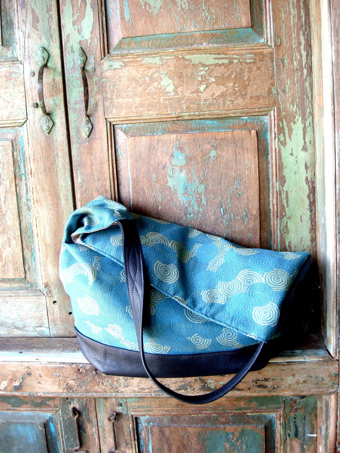 Handmade Black  Leather and Turquoise Print Hobo