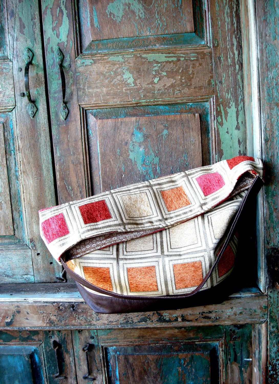 Handmade Brown Leather and Ecru and Orange Hobo