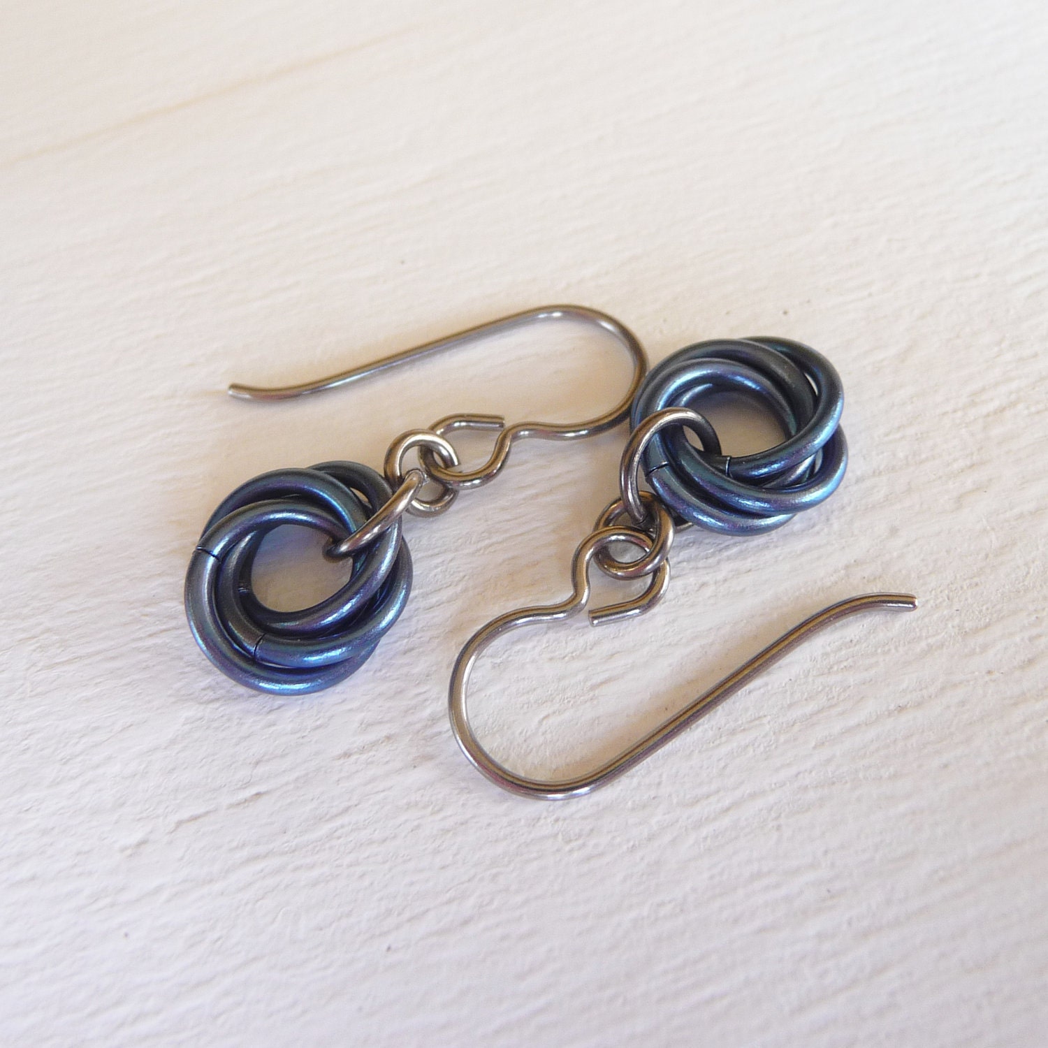 Cobalt Blue Earrings, Niobium Earrings, Hypoallergenic Nickel Free Earrings For Sensitive Ears, Mobius Love Knot Chainmaille Flower