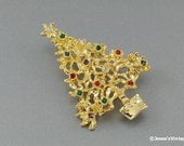 Christmas Tree Brooch w Multi Color Rhinestones Gold Tone