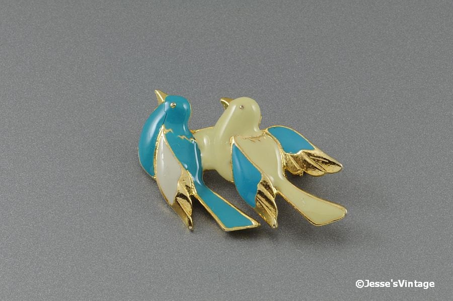 Vintage Bird Brooch Pin Lovebirds Blue & Yellow Enamel