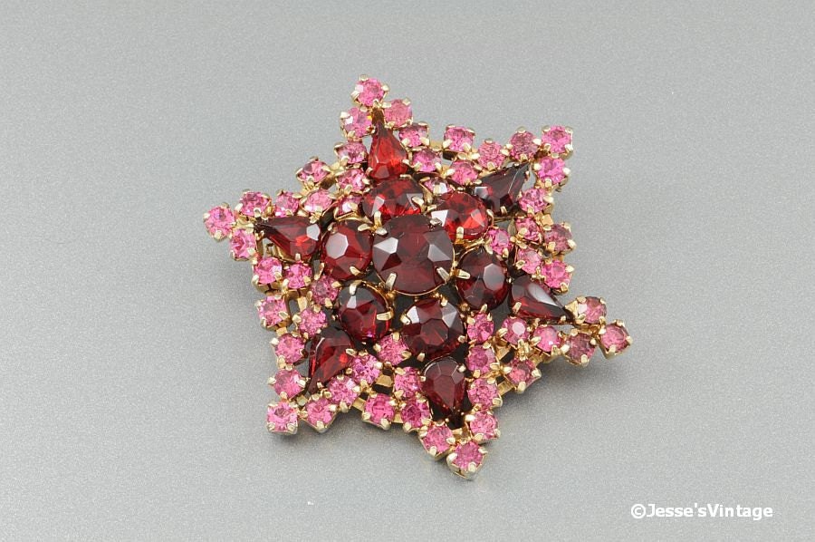 Vintage Snowflake Brooch Pin Ruby Red & Pink Rhinestones