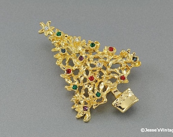 Christmas Tree Brooch w Multi Color Rhinestones Gold Tone