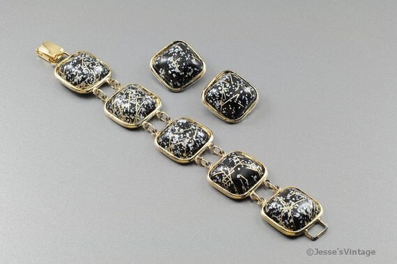 Chunky Bracelet Earrings Matched Set Gold Silver & Black