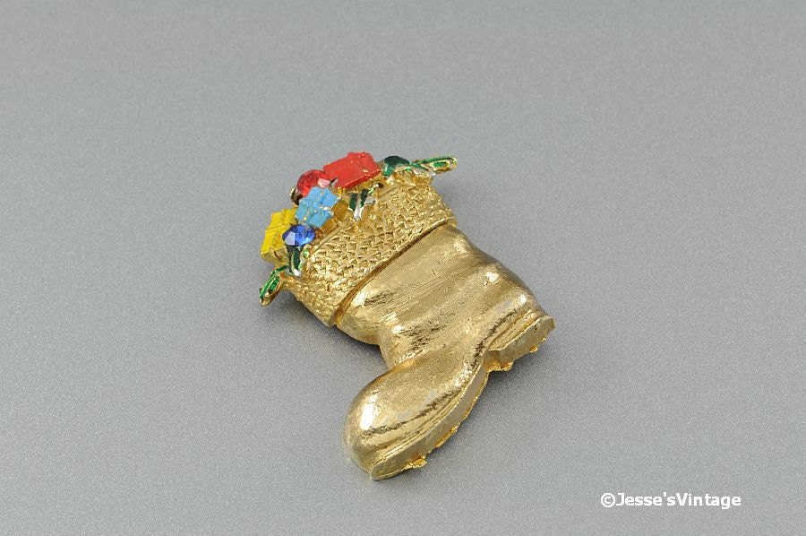 Vintage Christmas Stocking Brooch w Rhinestone & Enamel