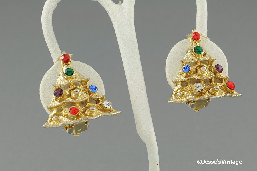 Christmas Tree Earrings Gold Tone Rhinestones