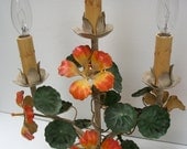 Exquisite Vintage Metal Tole Lamp With Orange and Gold Flowers