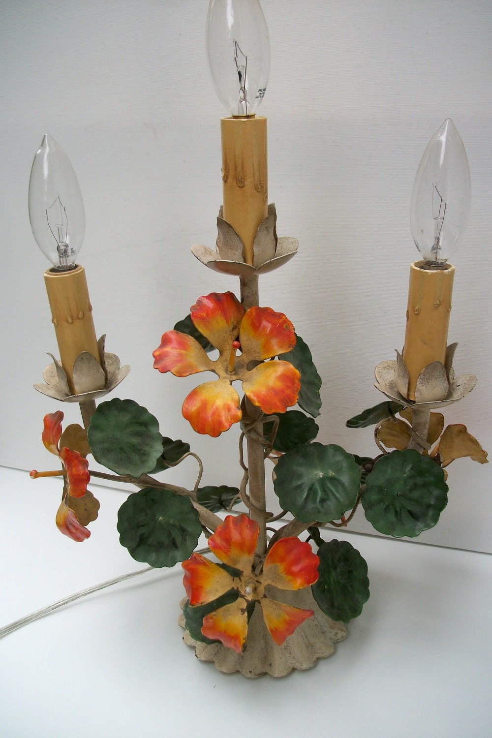 Exquisite Vintage Metal Tole Lamp With Orange and Gold Flowers