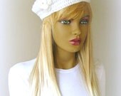 Free Shipping - White Hat, Beanie, Beret - Painter Hat with Pretty Flower - Gift for Her - Ready for Shipping