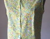 Vintage 60's Sleeveless Shirt, Paisley Print, Mint Green Pastel Floral, Rockabilly, Mad Men, Women's Medium