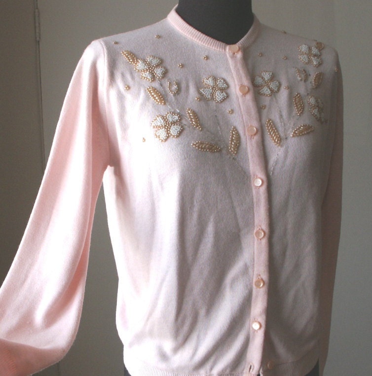 Vintage 60's Beaded Cardigan, Pale Pastel Pink, Mad Men, Rockabilly, VLV, Women's Size Medium