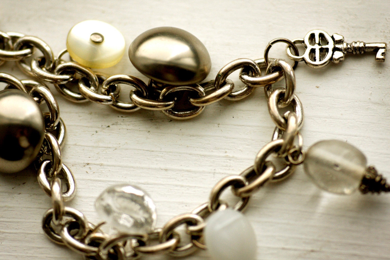 Glass and Button Charm Bracelet / Handmade / Beaded / Vintage