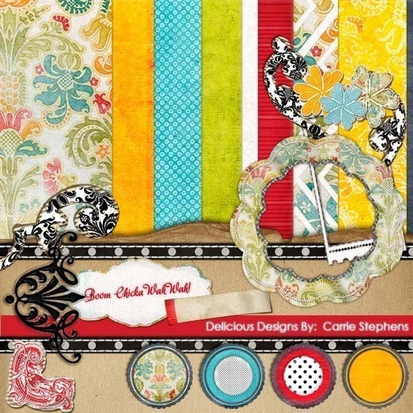 Scrapbook Kit - Digital Graphics ( Boom Chicka Wah Wah ) Colorful Damask Paper, Primary Colors, Birthday Il_570xn