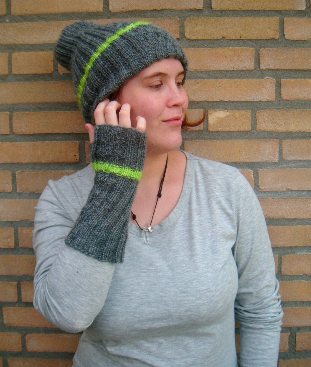 Long Fingerless Gloves, Neon Stripe Gloves, Hand Knit Mohair Gloves, Check pattern - Lime Green Stripe, Gray