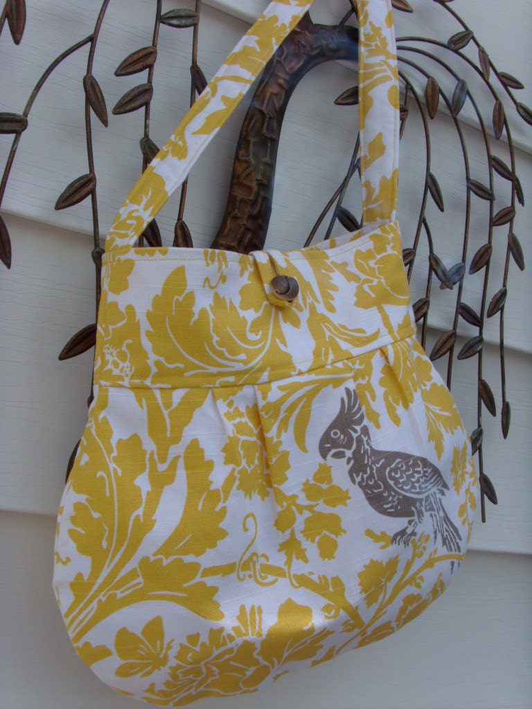 Shoulder Bag Pleated Yellow/White Damask with Brown Bird Motif