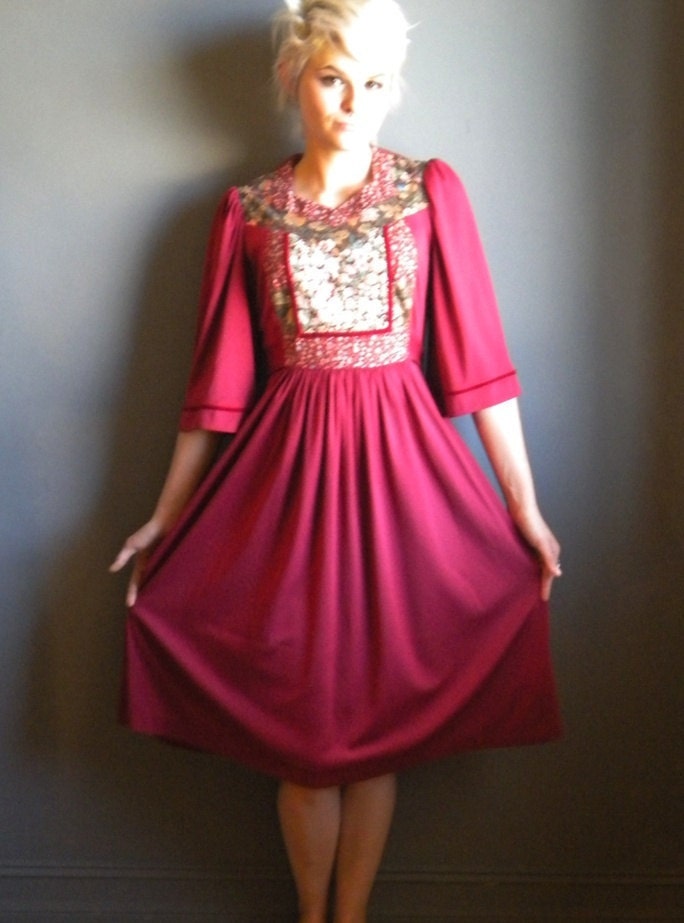 70's wine /hippie celtic /patchwork angel sleeve /gathered dress