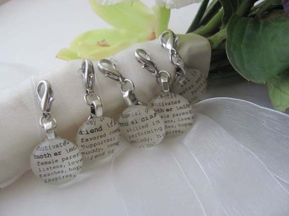 Five Dictionary Charms for  Wedding Party, Bridesmaids, Shower Gift, Bouquet Charm, Coursage Charm by Kristin Victoria Designs