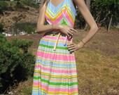 Vintage 60s Pink Chevron Striped Full Skirt Lanz Summer Picnic Strappy Pleated Sun Dress