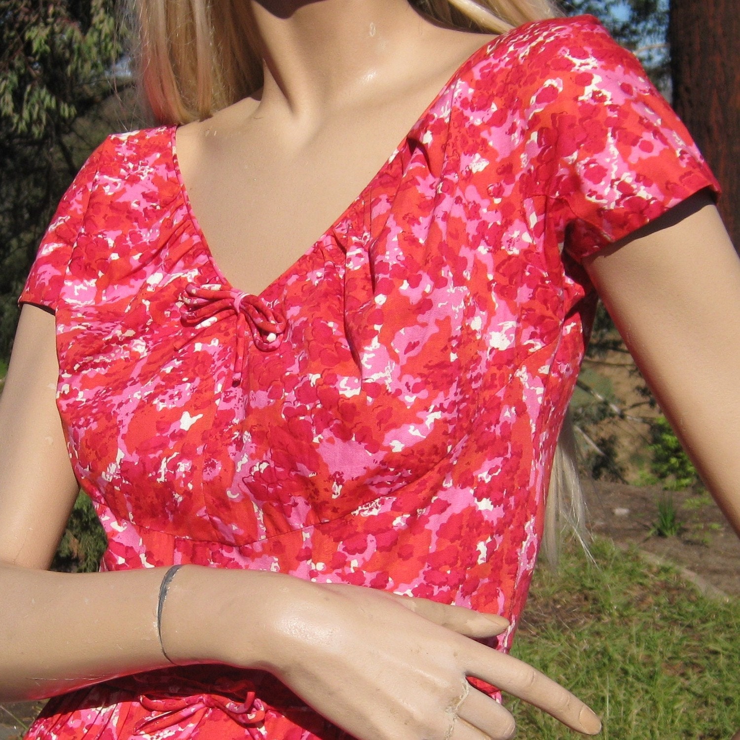 Vintage 50s Red and Pink Cotton Rockabilly Gal Mad Men Springtime Sun Dress