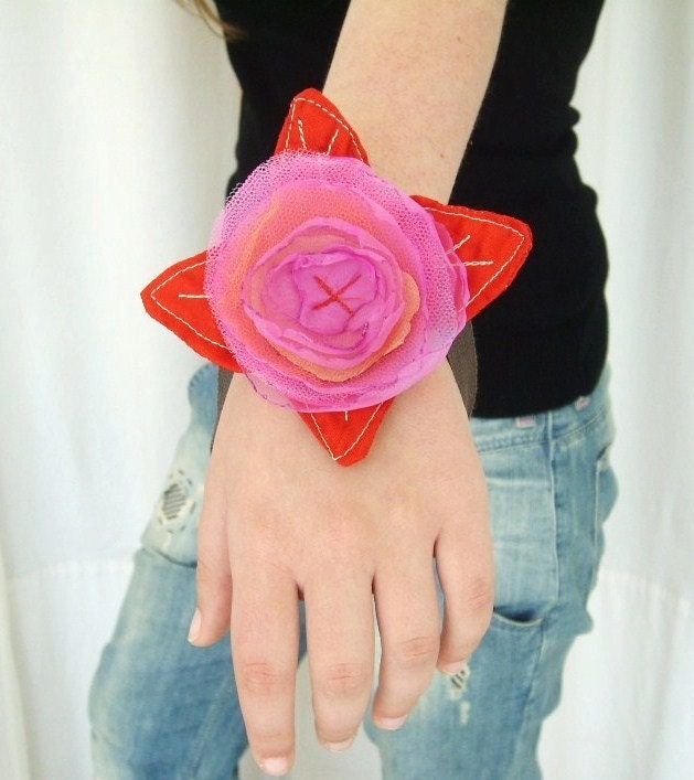 Hot Pink Fuchsia Organza Flower with Red Satin Leaves Cuff Corsage