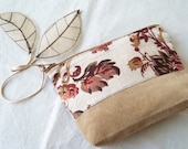 Fall Autumn Leaves Pouch Clutch Purse  in Floral Linen and Tan Cotton - Autumn Garden - by OnePerfectDay - OnePerfectDay