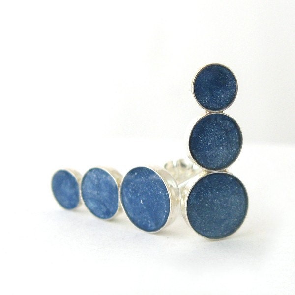 Silver studs earrings, blue jeans post Earrings, 3 Shining circles, sterling silver post earrings, blue earrings, geometric jewelry