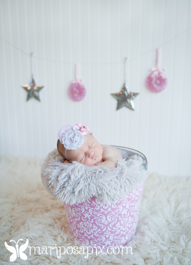 Silver Belles- pink and silver chiffon and rosette collage headband