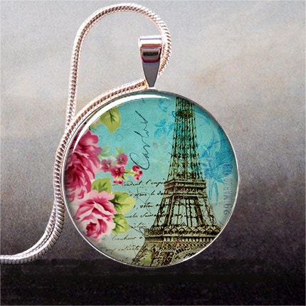 Teal Paris Collage pendant charm, Paris necklace resin pendant, Paris jewelry, Paris pendant