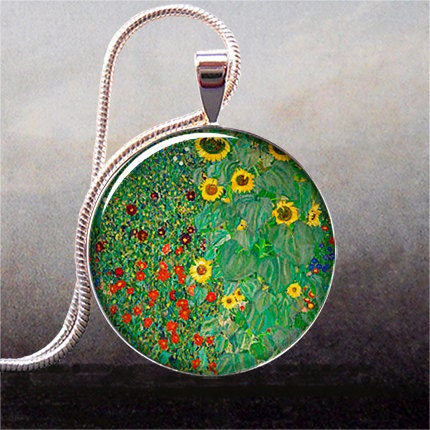 Klimt's Farm Garden with Sunflowers art pendant charm, resin pendant picture pendant (Listing 35)