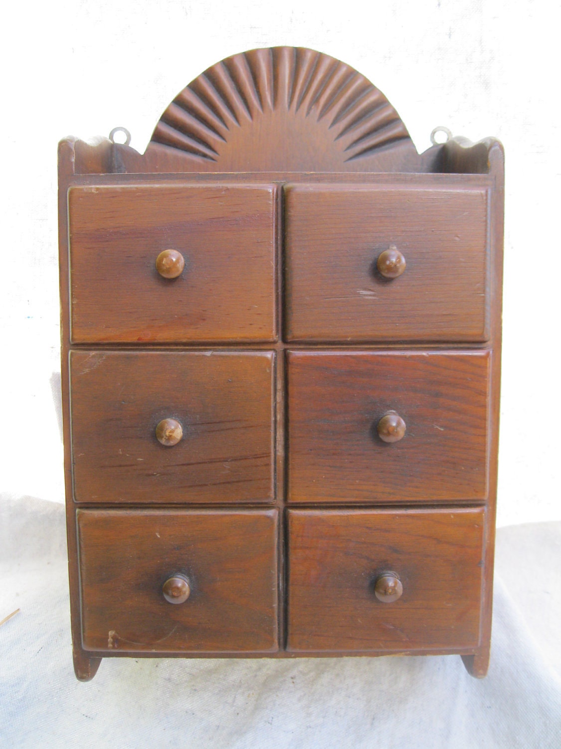 Vintage Spice Cupboard-Solid Wood-Sunburst Motif-Treasure Chest-Storage-6 Drawer from Tessiemay