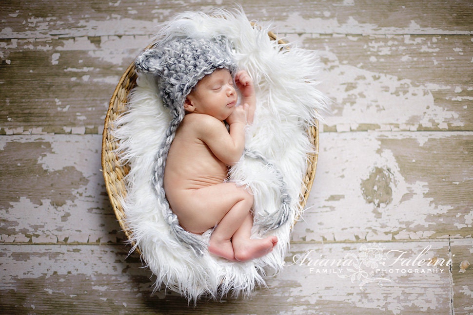 Newborn Baby Boy or Girl White and Gray Bear Earflap Crochet Hat, Great for Photo Prop
