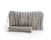 Blue wristlet / fabric clutch / small purse / zipper pouch & detachable key fob gift set for women in mid century modern style fabric