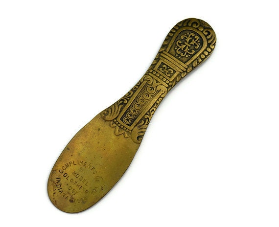 Antique Brass Shoe Spoon, Engraved Victorian Advertising Collectible