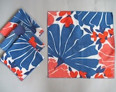 4 Early 60s Mod Vera Napkins, vintage kitchen linens, blue and red floral graphics - cammoo