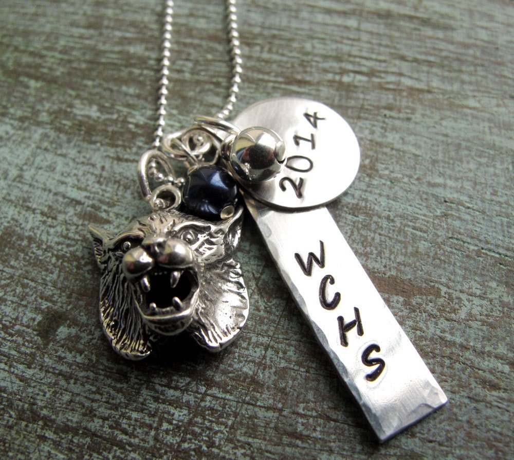 Graduation High School or College Hand Stamped Name Necklace - Mascot - School Colors- CLASS OF 2013