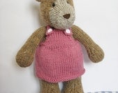 Teddy bear toy knitting pattern with pinafore dress and dungarees by fluff and fuzz, pdf and instant download