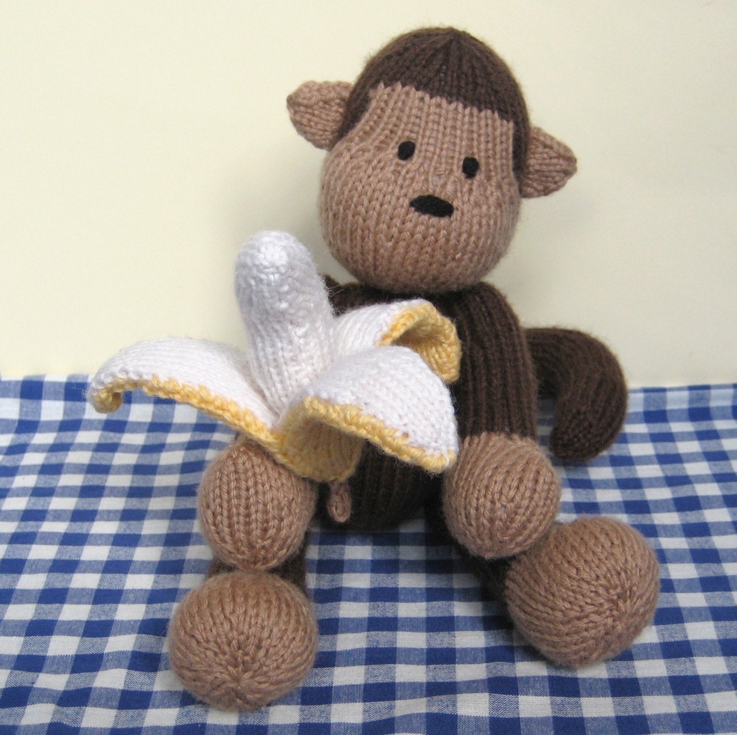 Norwood Monkey and Bananas cute toy animal knitting patterns by Amanda Berry with instant download