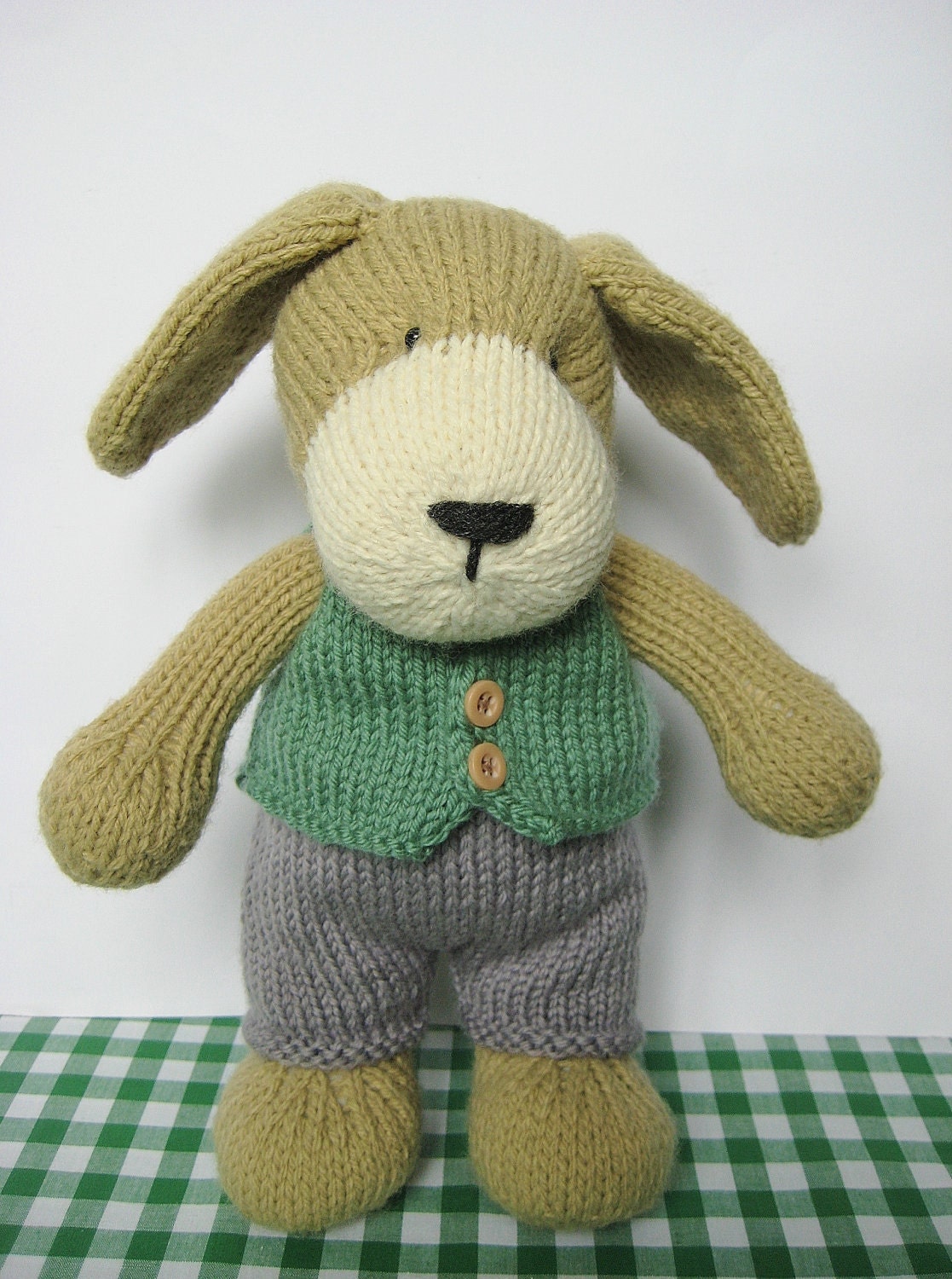 Puppy dog toy knitting pattern - fun and easy to knit with trousers and waistcoat pdf pattern