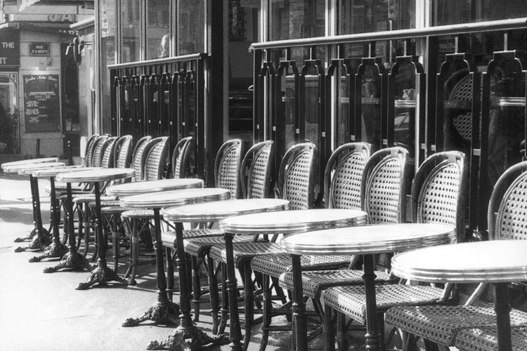 Paris photography, bistro chairs, street view, 8x12 Paris photo, black, white, street life, urban, sunny morning, retro, french home decor