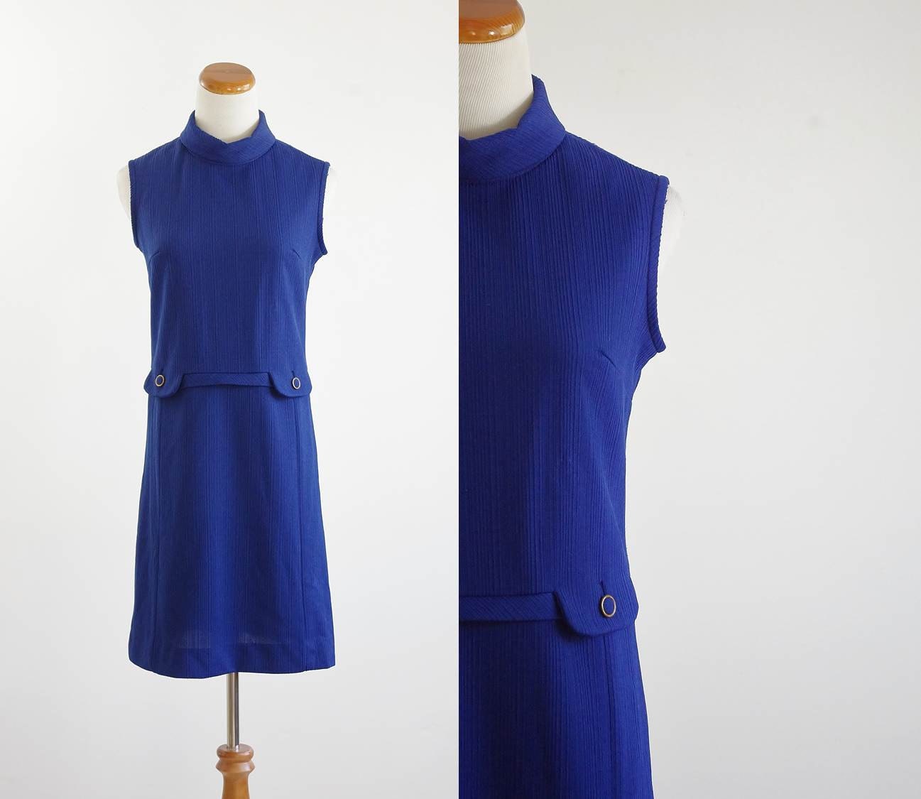 Vintage Mod Shift Dress -- 60s Navy Blue Sleeveless -- Small Medium